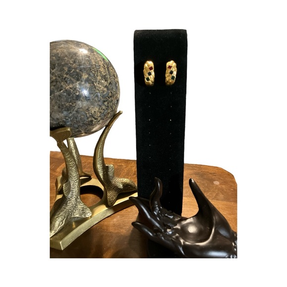 Vintage 80s Gold Tone Jewel-Tone Half Hoop Post Earrings - Picture 2 of 5